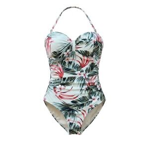 Kona Sol Womens Tropical Floral One Piece Swimsuit‎ Pink Green White Medium